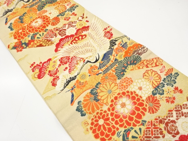 JAPANESE KIMONO / ANTIQUE MARU OBI / WOVEN CRANE & FLORAL CART